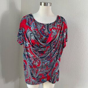 Roz & Ali Womens Plus 2X Paisley Drape Neck Top Stretch Shirt Short Sleeve